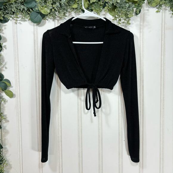 PrettyLittleThing Tops - PrettyLittleThing Black Crop Tie‎ Up Long Sleeve Blouse Casual Sexy size 0